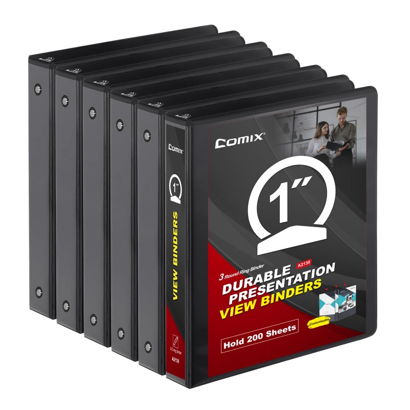 COMIX Sturdy 3 Ring Binder 1 inch with Clear View Cover, 1" Round Ring View Binder, PVC-Free, 200 Sheets Capacity of US Letter Size Paper, Office ï¼† School Supplies, 6 Pack (Black) - Image 1